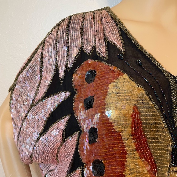 80’s Joan Crawford glamorous vintage handmade sequin beaded butterfly v-n tunic! - Picture 3 of 13